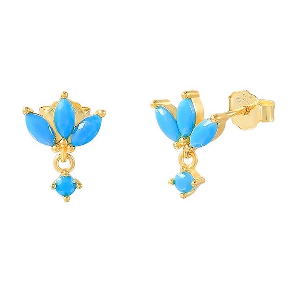 Aretes ARETIZE Flor de Plata de Ley 925 Baño en Oro de 18k Turquesas Turquesa Dorado Mujer Unitalla + Caja de Regalo 