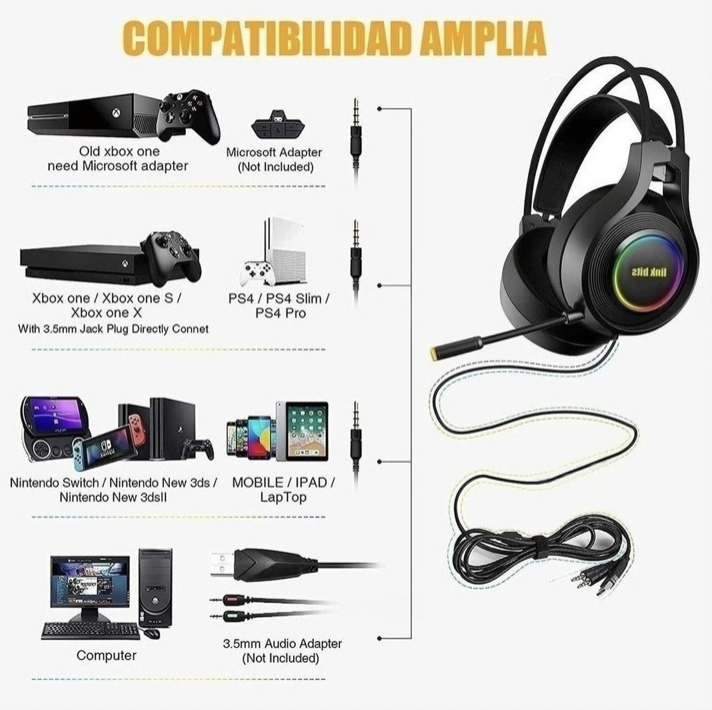 Audifonos Gamer Diadema/microfono Ajustables Luz Rgb 50mw