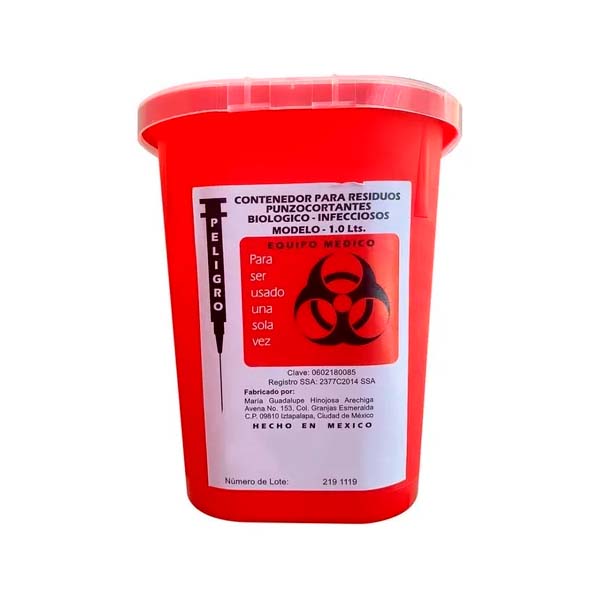 Contenedor Rojo Para Residuos Peligrosos Punzocortantes Rpbi de 1 Lt