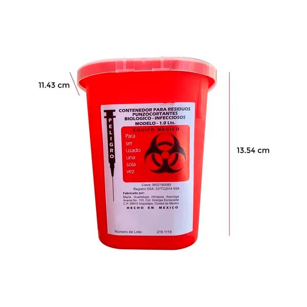 Contenedor Rojo Para Residuos Peligrosos Punzocortantes Rpbi de 1 Lt