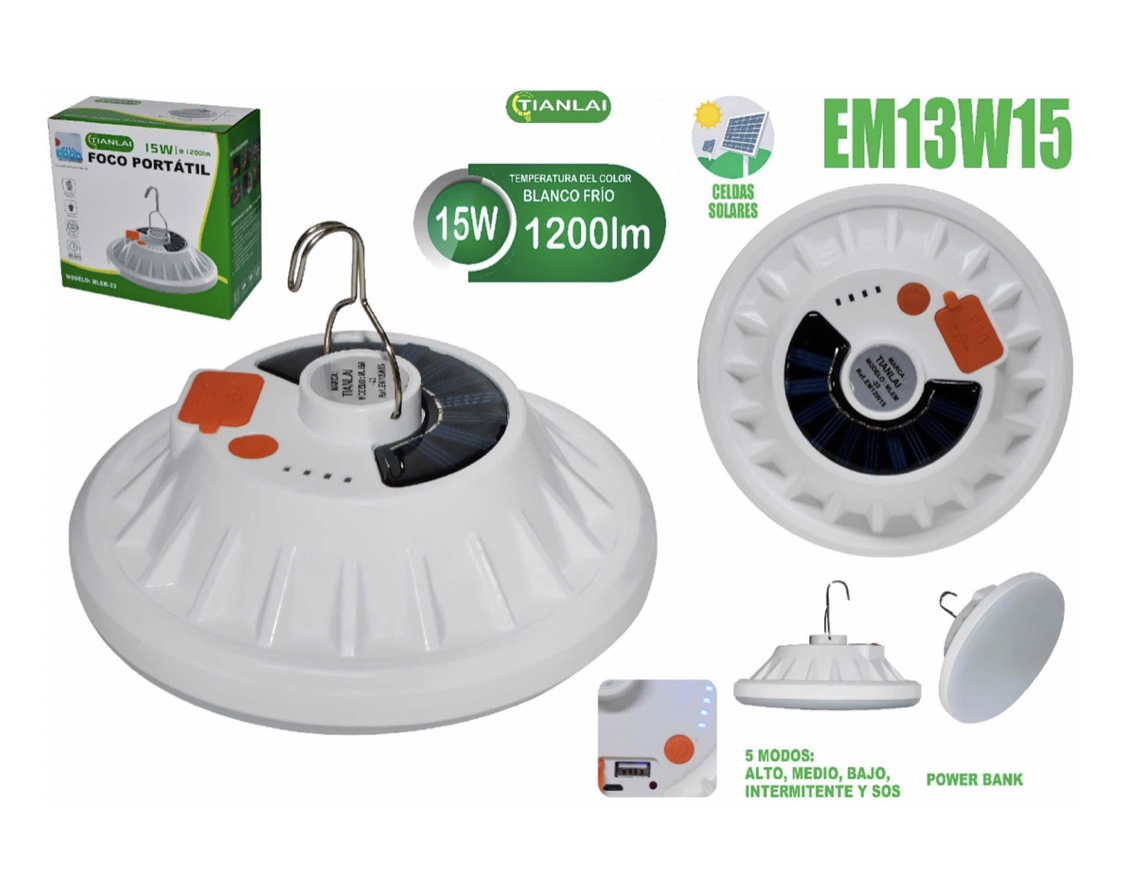 Foco Led Portatil Recargable Panelsolar Cargador 15w Tianlai