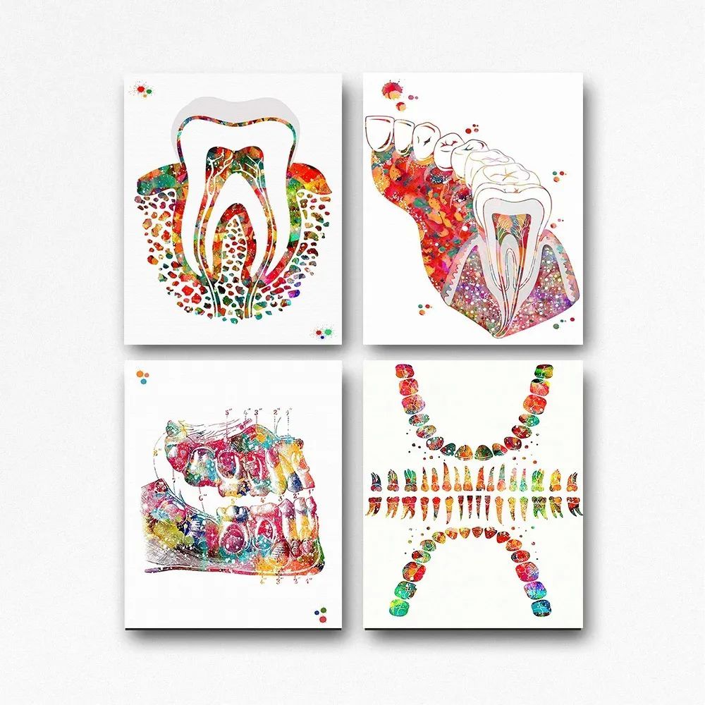 Set 4 Cuadros Dentista - Odontología, ACUARELA