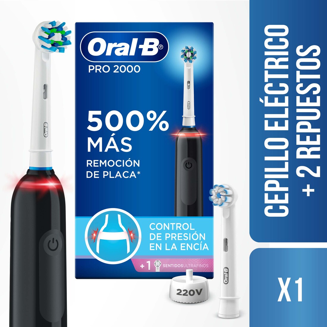 Kit, de Oral-B Cepillo Eléctrico Recargable Pro2000, 1 pz + Repuesto Sensi Ultrafino Y Cross Action 2 pz