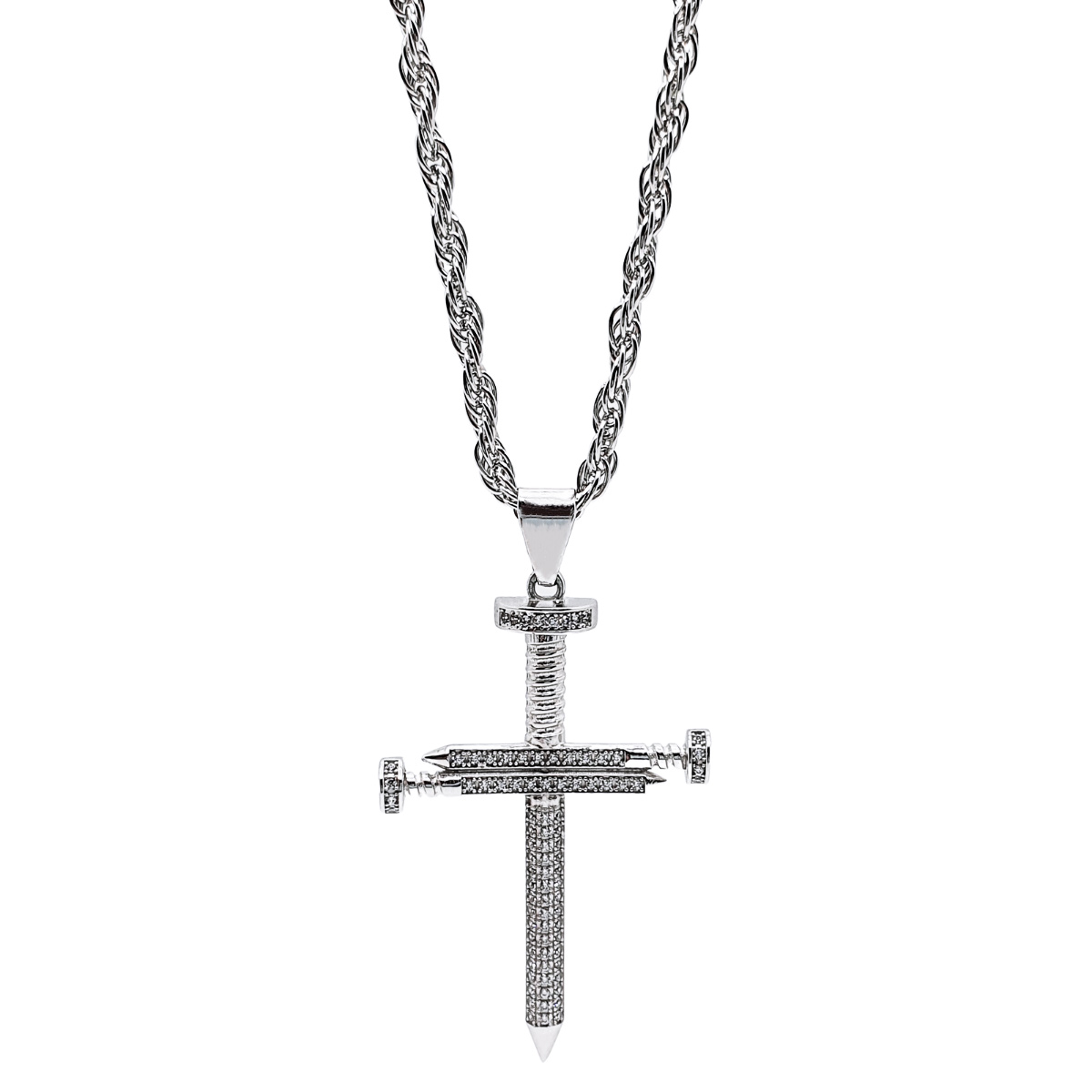 Cadena y cruz de plata .925 para hombre con baño de rodio y piedra zirconia