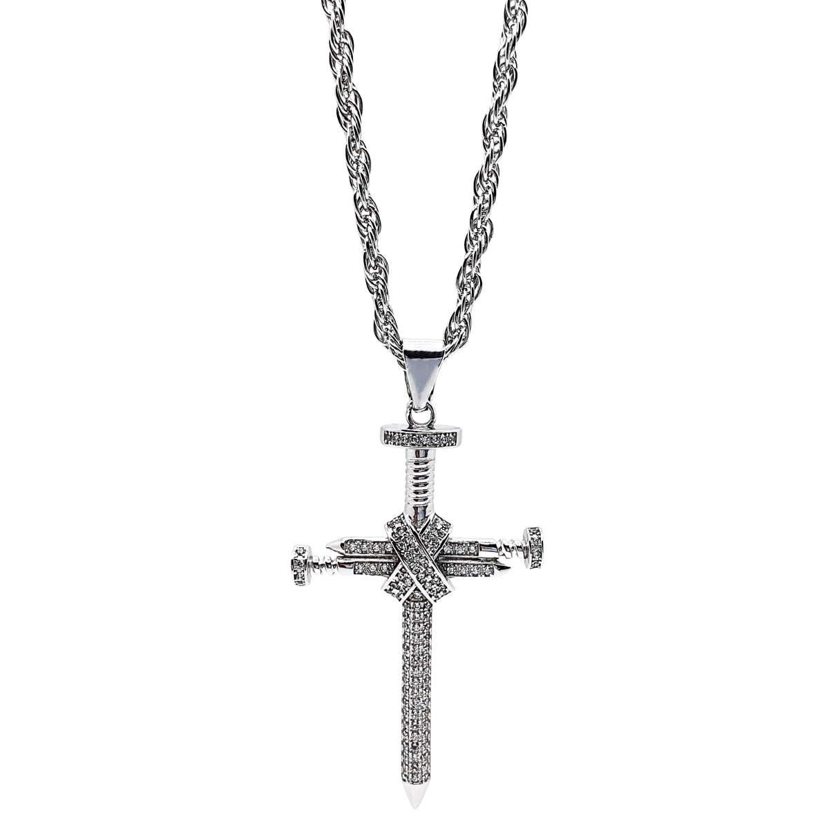 Cadena y cruz clavos de plata .925 hombre con baño de rodio y piedra zirconia. Incluye certificado