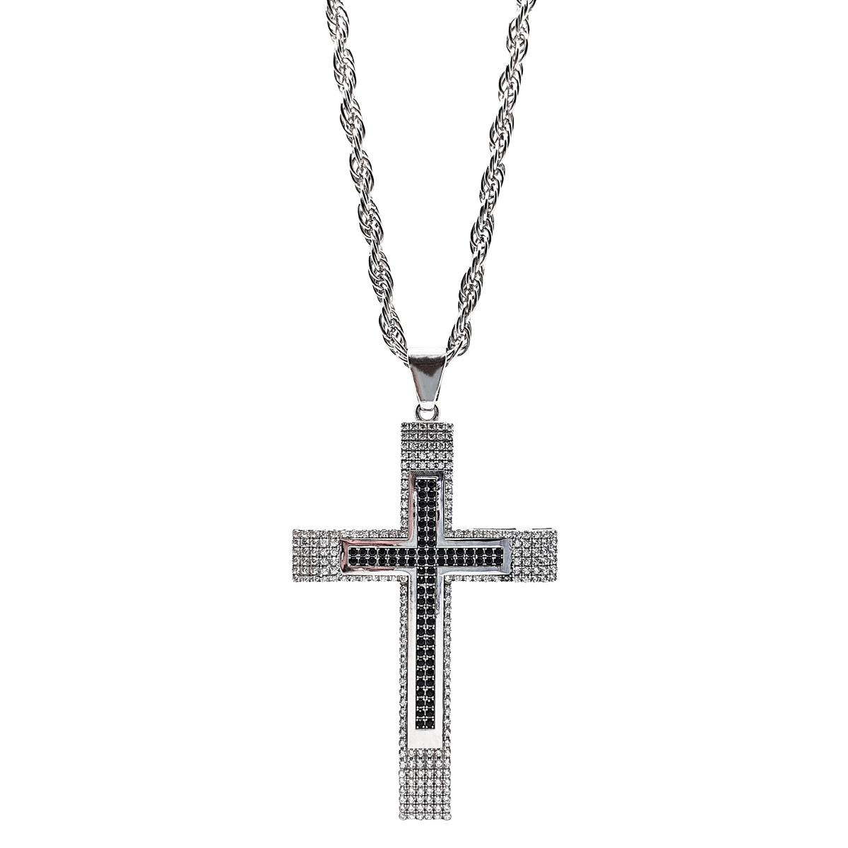 Cadena y cruz de plata .925 hombre bitono con piedra zirconia y baño de rodio. Incluye certificado