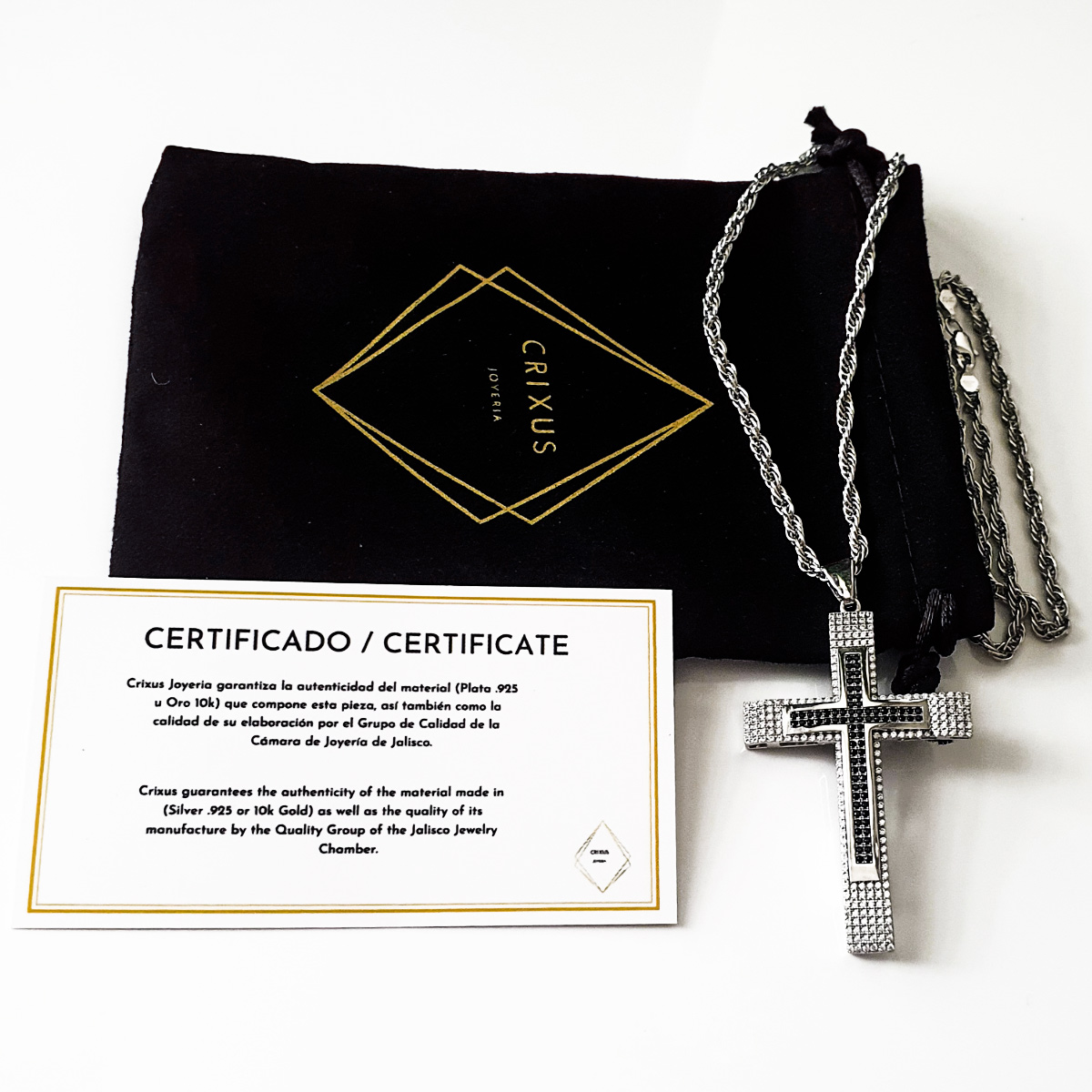 Cadena y cruz de plata .925 hombre bitono con piedra zirconia y baño de rodio. Incluye certificado