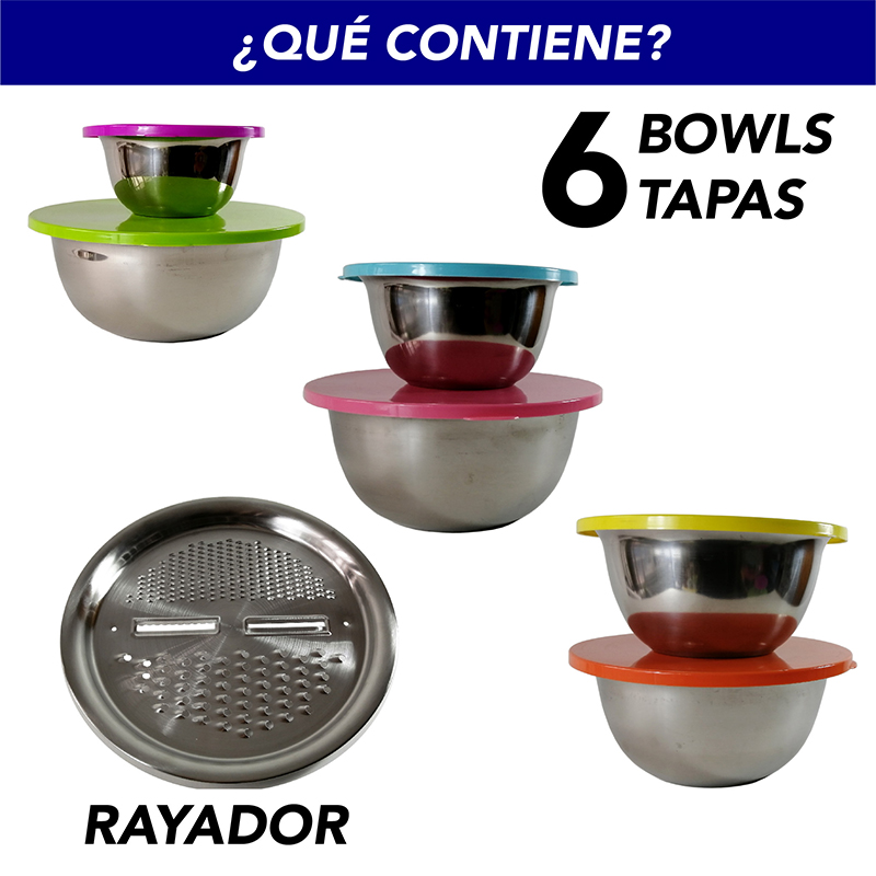 Juego de 6 Bowls con tapa y rallador para mezclar de acero inoxidable RD ROYAL COOK para cocinar, hornear y almacenar alimentos 