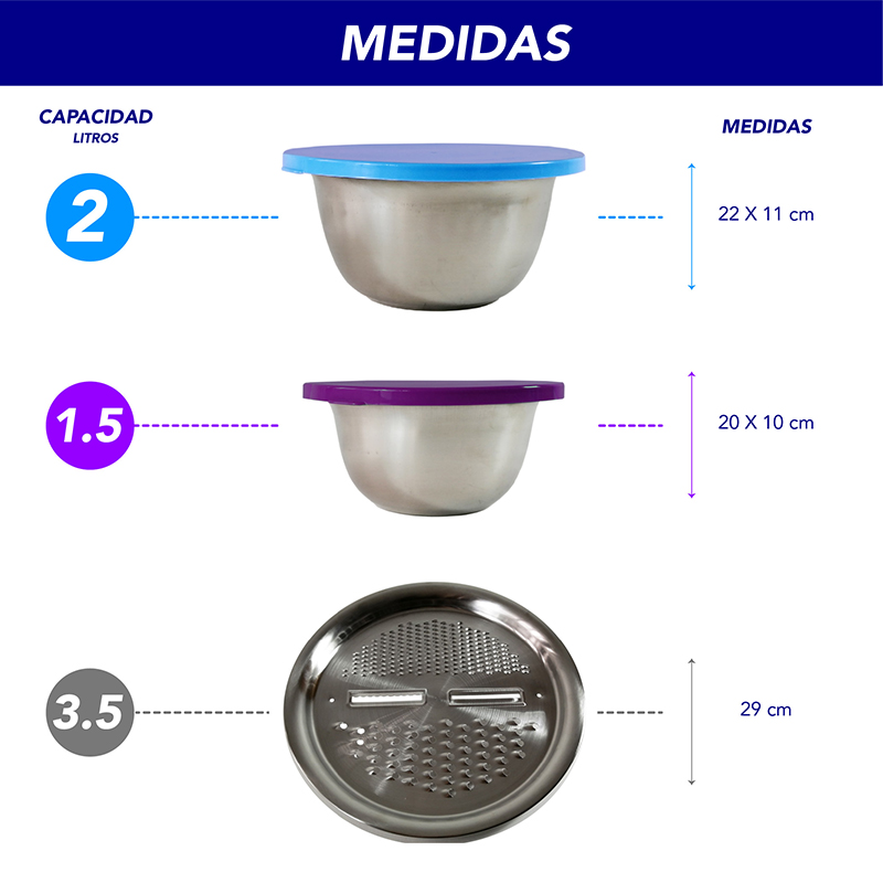 Juego de 6 Bowls con tapa y rallador para mezclar de acero inoxidable RD ROYAL COOK para cocinar, hornear y almacenar alimentos 