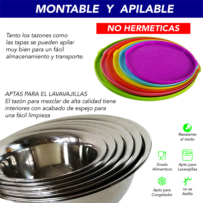 Juego de 6 Bowls con tapa y rallador para mezclar de acero inoxidable RD ROYAL COOK para cocinar, hornear y almacenar alimentos 