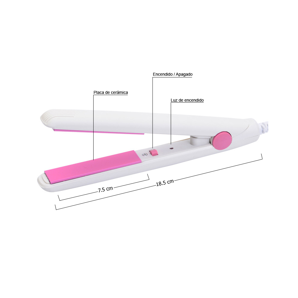 Mini Plancha Alaciadora Tecnología Cerámica + Iones para cabello color rosa