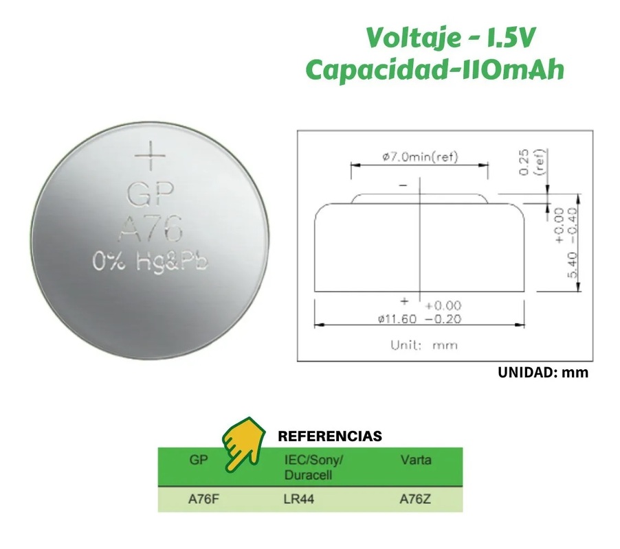 Pilas Gp Batteries Lr44 / (a76, Ag13) / Paquete Con 10 Piezas / GPPBAA76F012
