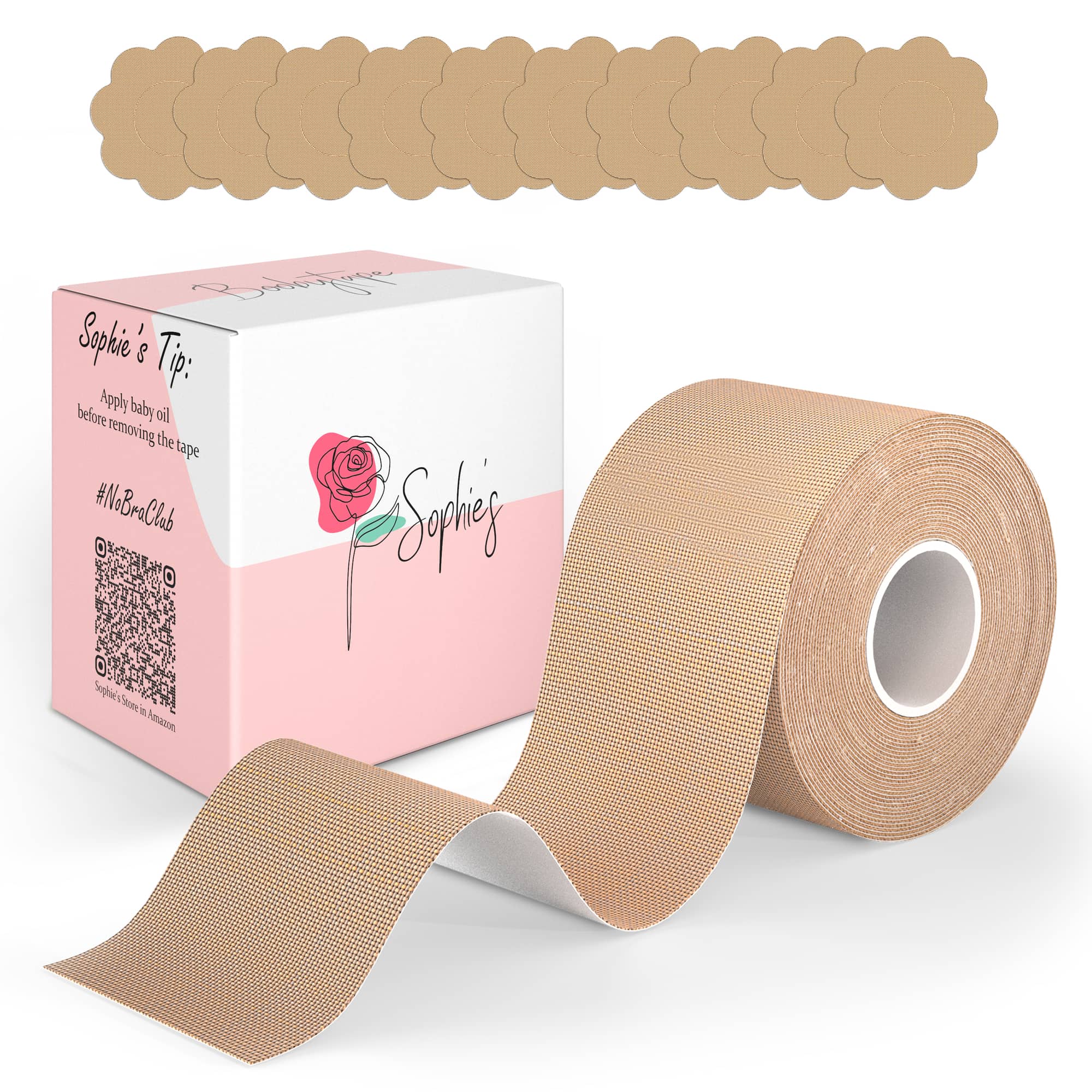 Sophie's Boobytape | Cinta Adhesiva para Levantamiento de Busto | 5 Pares de Pezoneras | Boob Tape Cubre pezones | Nipple Cover | Adhesivo Body Brasier para Mujer |