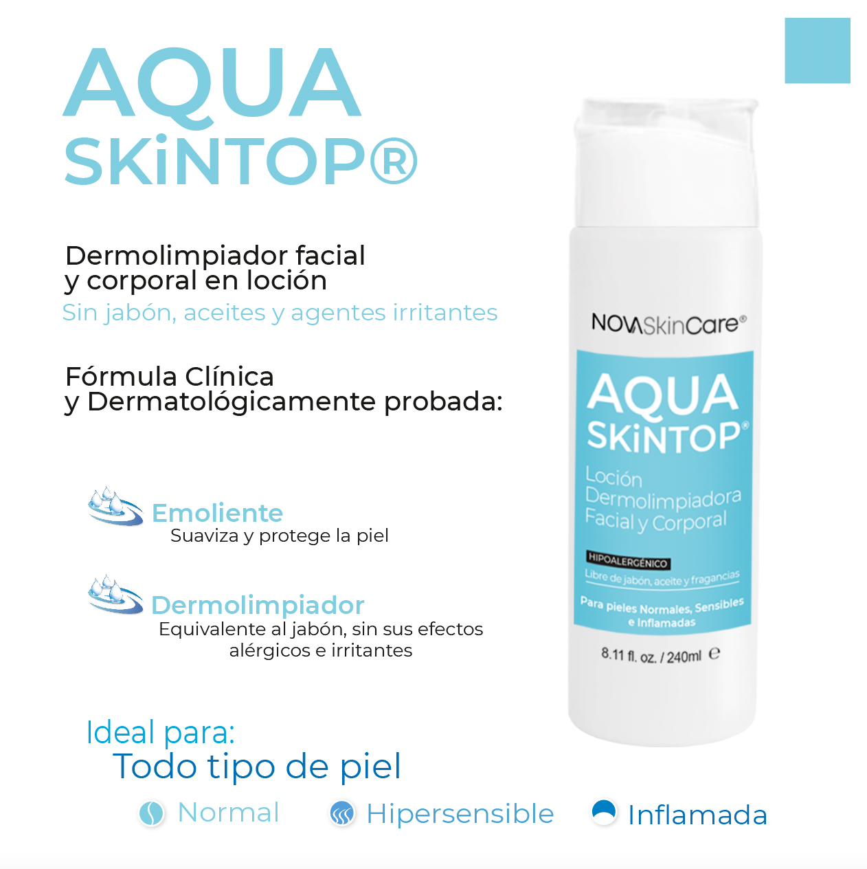 Loción Dermolimpiadora Facial y corporal libre de jabón, aceite y fragancias