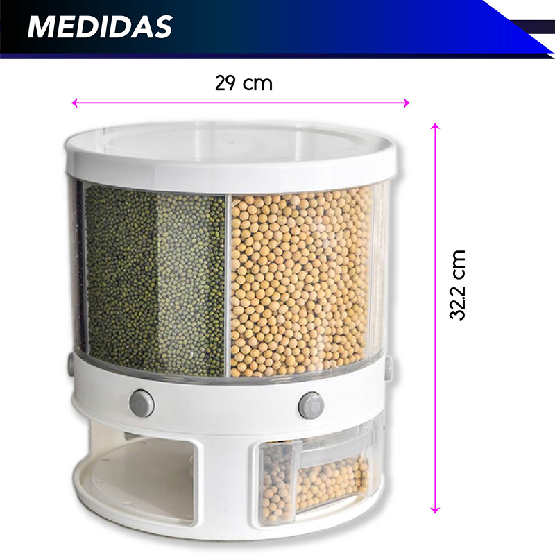Dispensador RD ROYAL COOK de Semillas, Dispensador de Granos y alimentos secos, Dispensador con capacidad de 10 L. 6 separadores para mesa