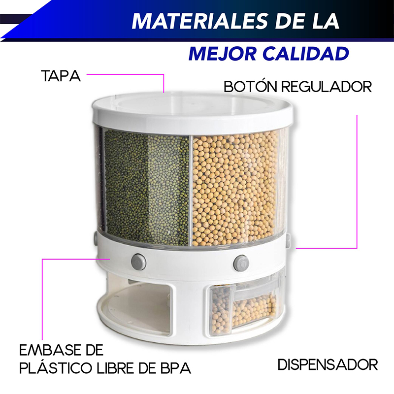 Dispensador RD ROYAL COOK de Semillas, Dispensador de Granos y alimentos secos, Dispensador con capacidad de 10 L. 6 separadores para mesa