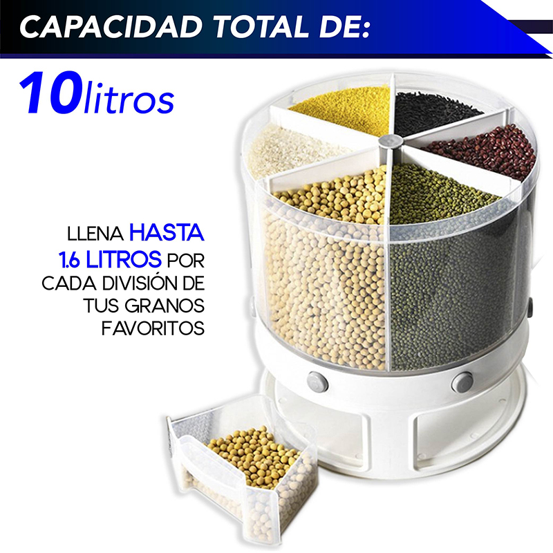 Dispensador RD ROYAL COOK de Semillas, Dispensador de Granos y alimentos secos, Dispensador con capacidad de 10 L. 6 separadores para mesa