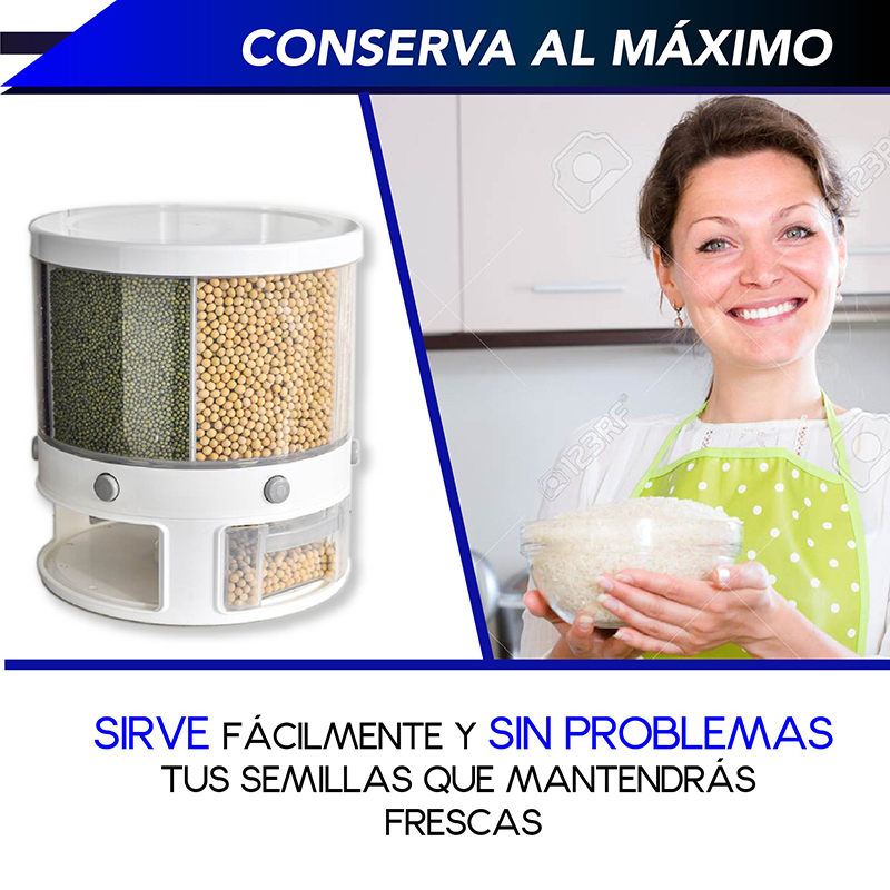 Dispensador RD ROYAL COOK de Semillas, Dispensador de Granos y alimentos secos, Dispensador con capacidad de 10 L. 6 separadores para mesa