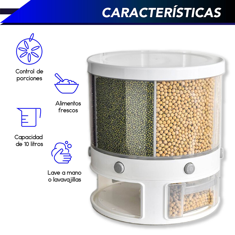 Dispensador RD ROYAL COOK de Semillas, Dispensador de Granos y alimentos secos, Dispensador con capacidad de 10 L. 6 separadores para mesa