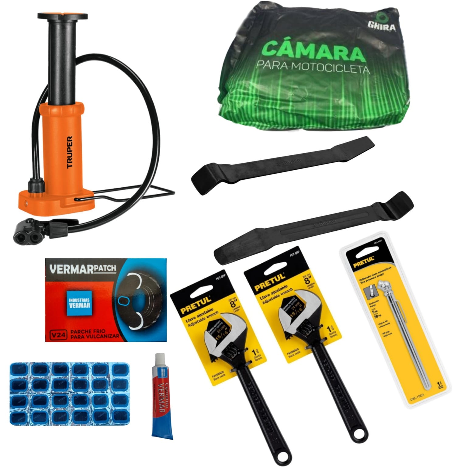 Kit de parches para camara de motocicleta + Cámara + Bomba + Herramienta