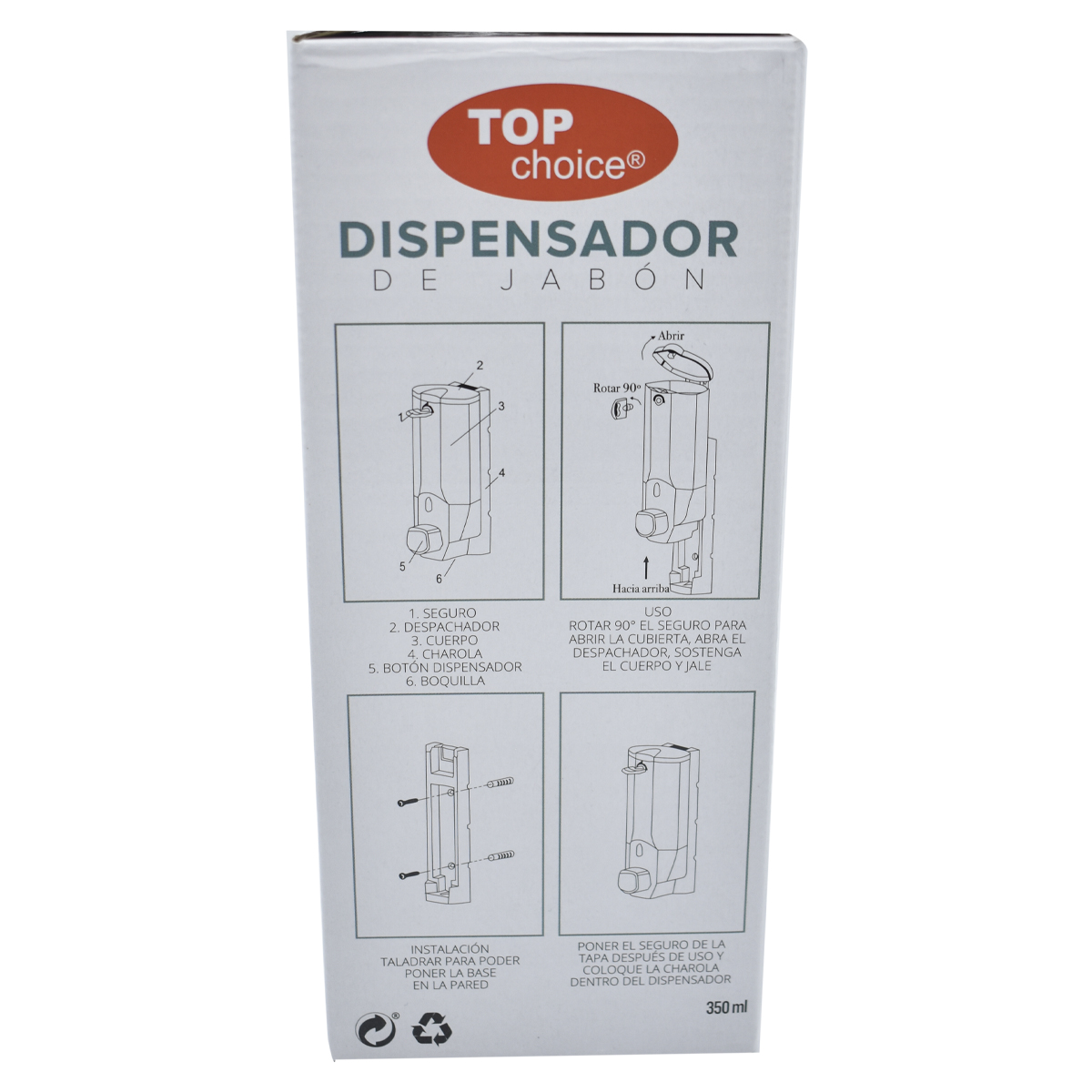 Top Choice 1768-20 Dispensador Despachador Jabón Liquido Gel Shampoo Pared 350ml