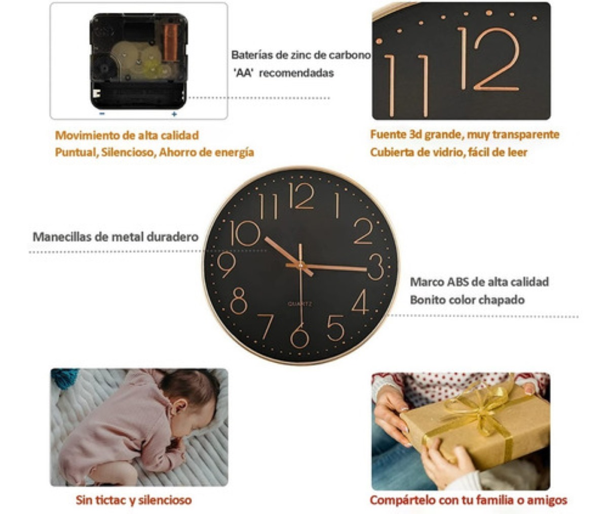Reloj De Pared Decorativo Moderno 3d Cuarzo Negro