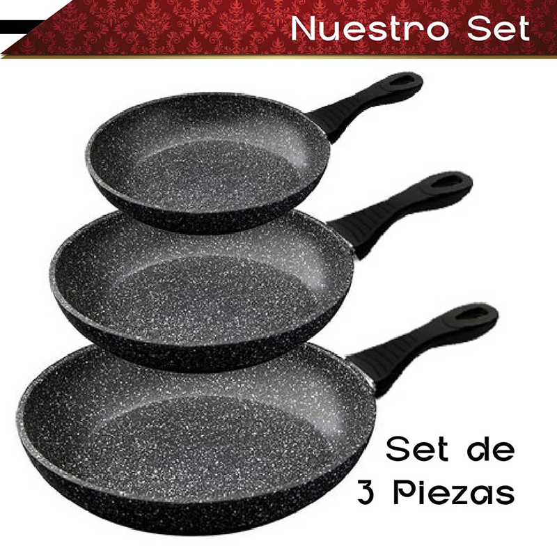 Juego de sartenes antiadherentes RD Royal Cook de aluminio con cubierta de granito 3 tamaños 20, 24 y 28 cm. Nueva generación para cualquier tipo de estufa, incluye inducción
