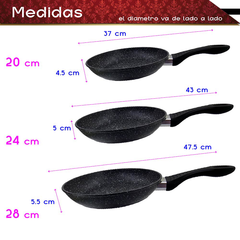 Juego de sartenes antiadherentes RD Royal Cook de aluminio con cubierta de granito 3 tamaños 20, 24 y 28 cm. Nueva generación para cualquier tipo de estufa, incluye inducción