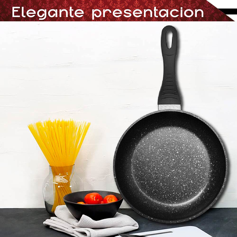 Juego de sartenes antiadherentes RD Royal Cook de aluminio con cubierta de granito 3 tamaños 20, 24 y 28 cm. Nueva generación para cualquier tipo de estufa, incluye inducción