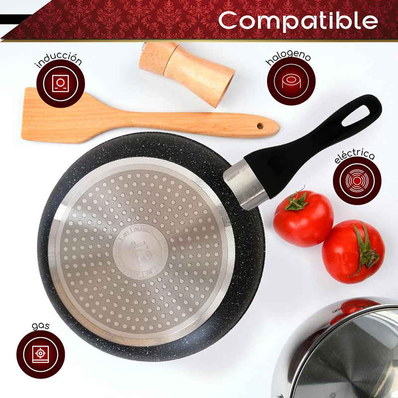 Juego de sartenes antiadherentes RD Royal Cook de aluminio con cubierta de granito 3 tamaños 20, 24 y 28 cm. Nueva generación para cualquier tipo de estufa, incluye inducción