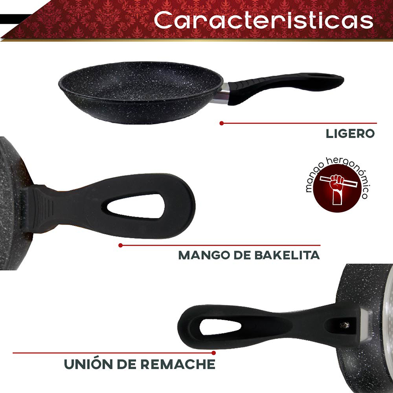 Juego de sartenes antiadherentes RD Royal Cook de aluminio con cubierta de granito 3 tamaños 20, 24 y 28 cm. Nueva generación para cualquier tipo de estufa, incluye inducción
