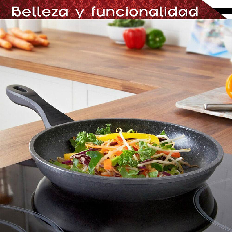 Juego de sartenes antiadherentes RD Royal Cook de aluminio con cubierta de granito 3 tamaños 20, 24 y 28 cm. Nueva generación para cualquier tipo de estufa, incluye inducción