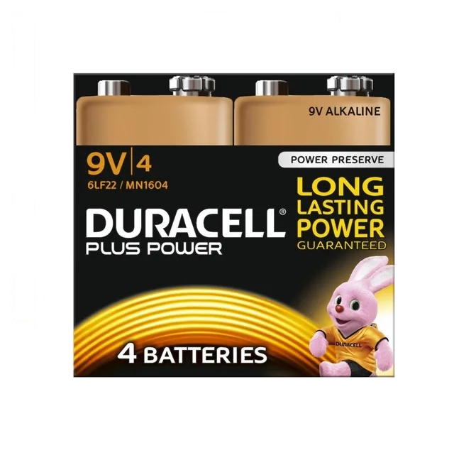 Pilas Duracell 9V Pack de 4 piezas alcalinas.