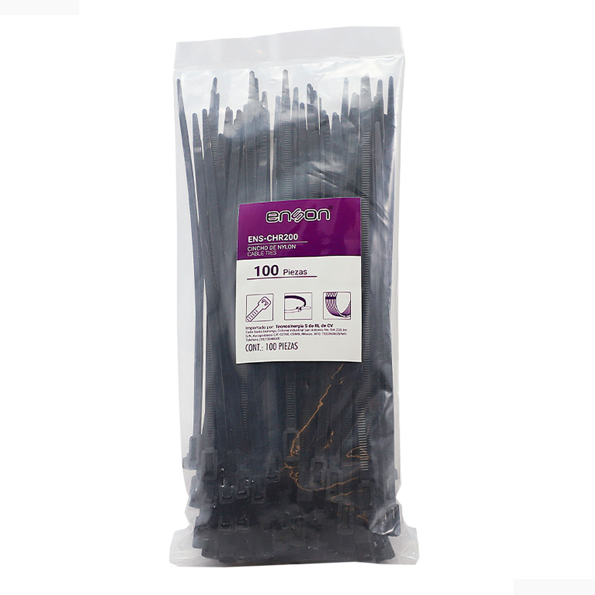 Cincho Reutilizable Plástico 20cm Negro 100 Pzas fuerza hasta 18kg Ens-chr200 Enson