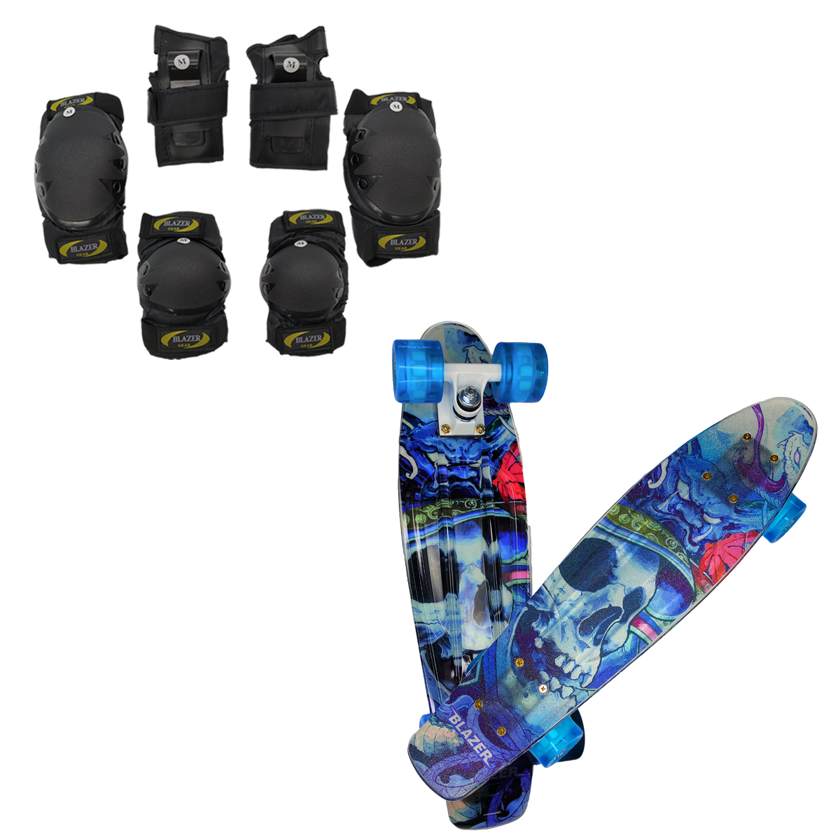 Patineta Penny Cruiser Azul con Diseño Calavera Llantas Led Equipo de Protecciones