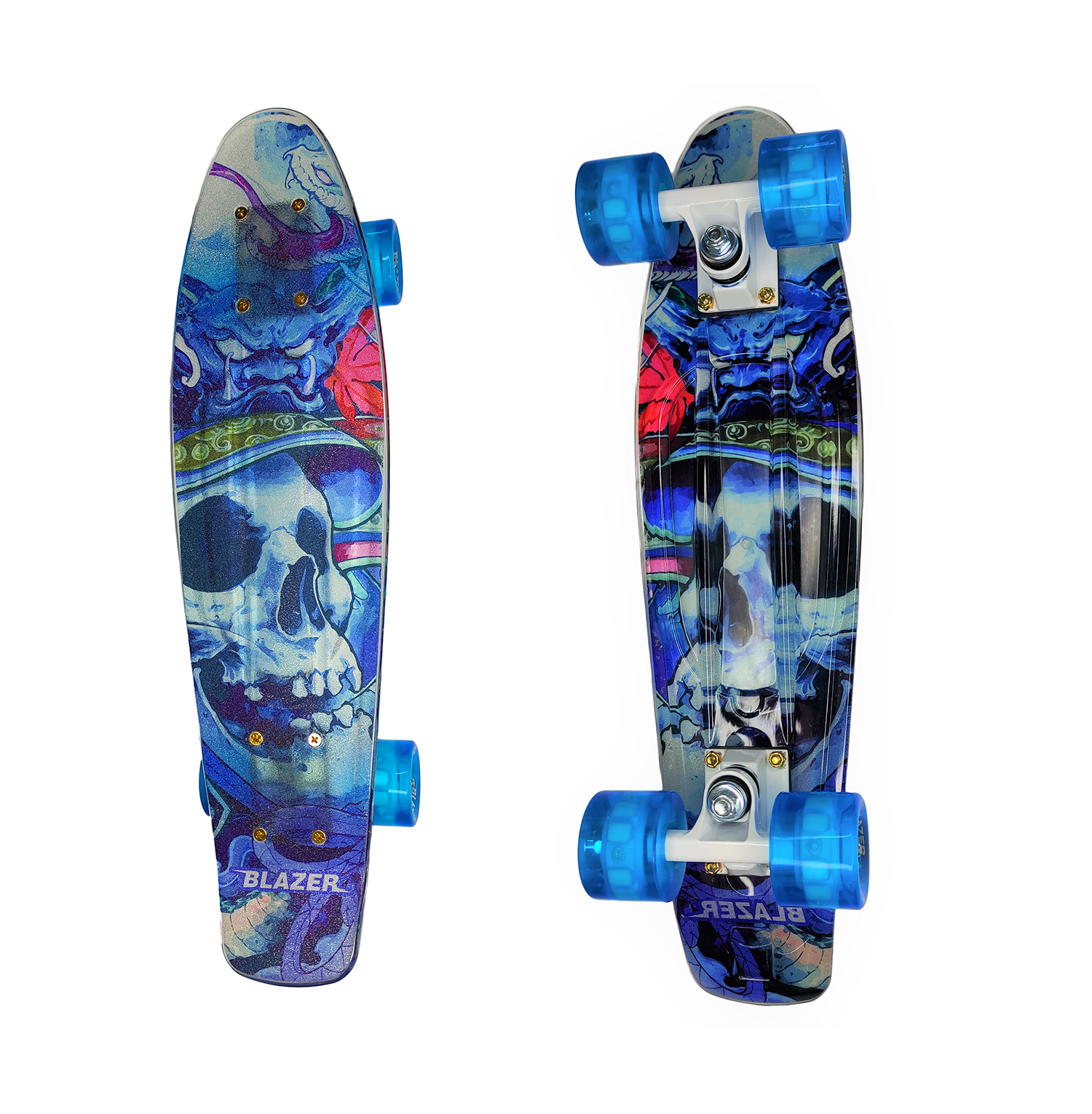 Patineta Penny Cruiser Azul con Diseño Calavera Llantas Led Equipo de Protecciones