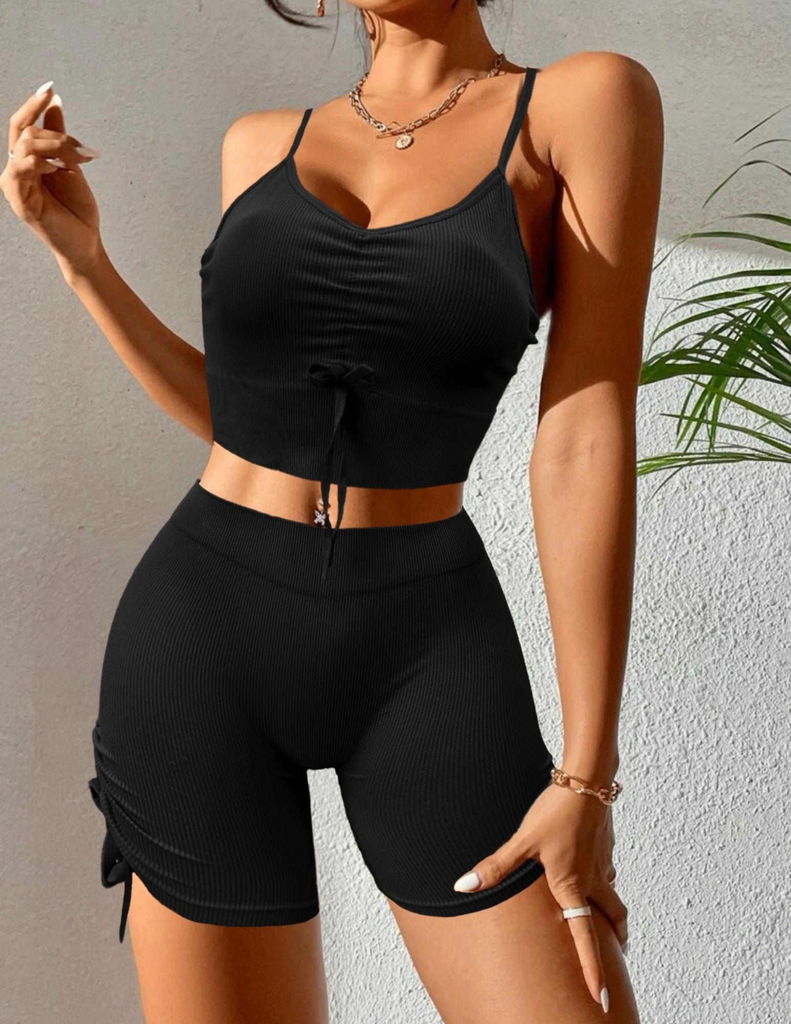 Conjunto de Dama Set 2 Piezas Top Y Short con Jaretas tejido Canalé Conj-040