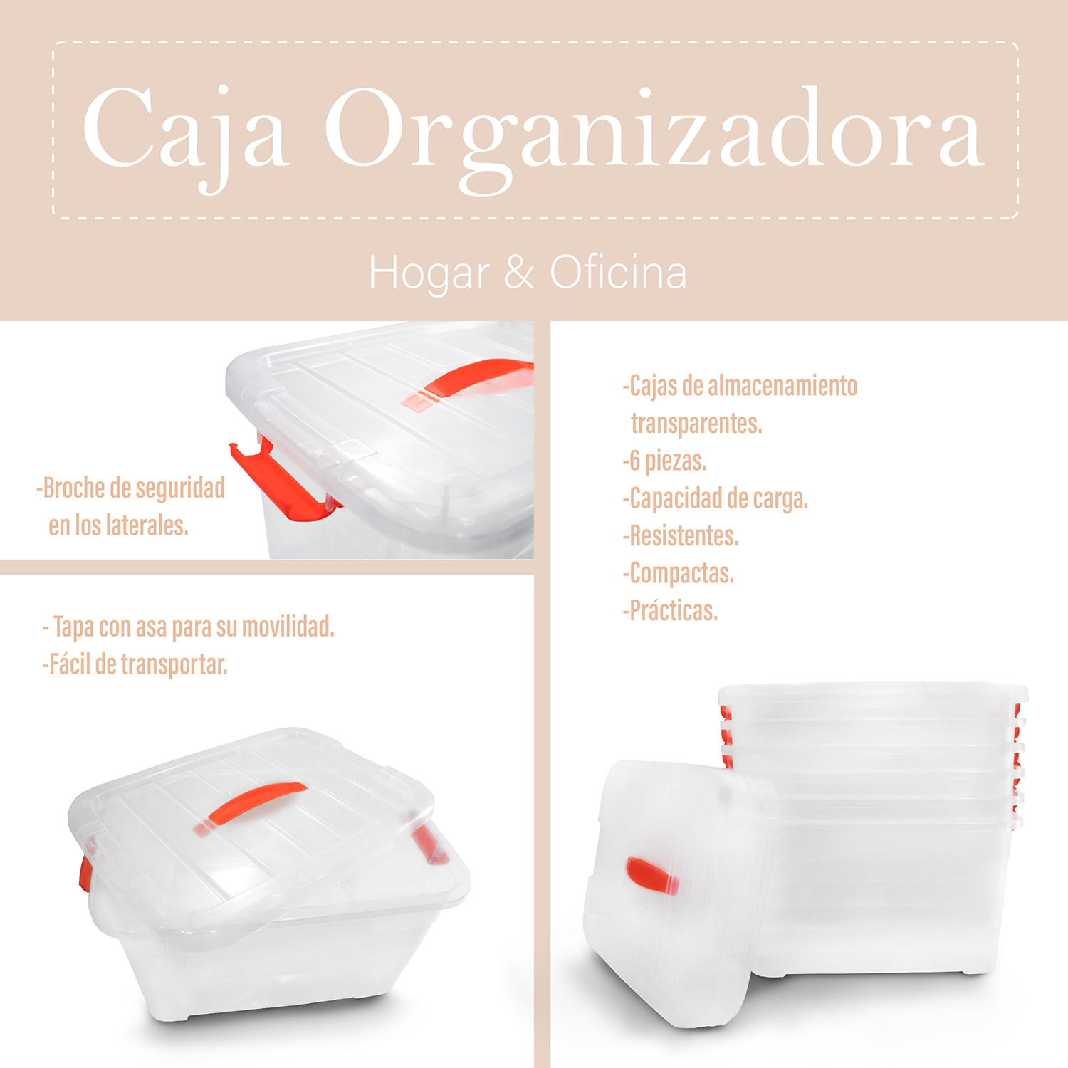 Caja de Plástico Organizadora Almacenamiento Transparente con Tapa y Broche 6 piezas