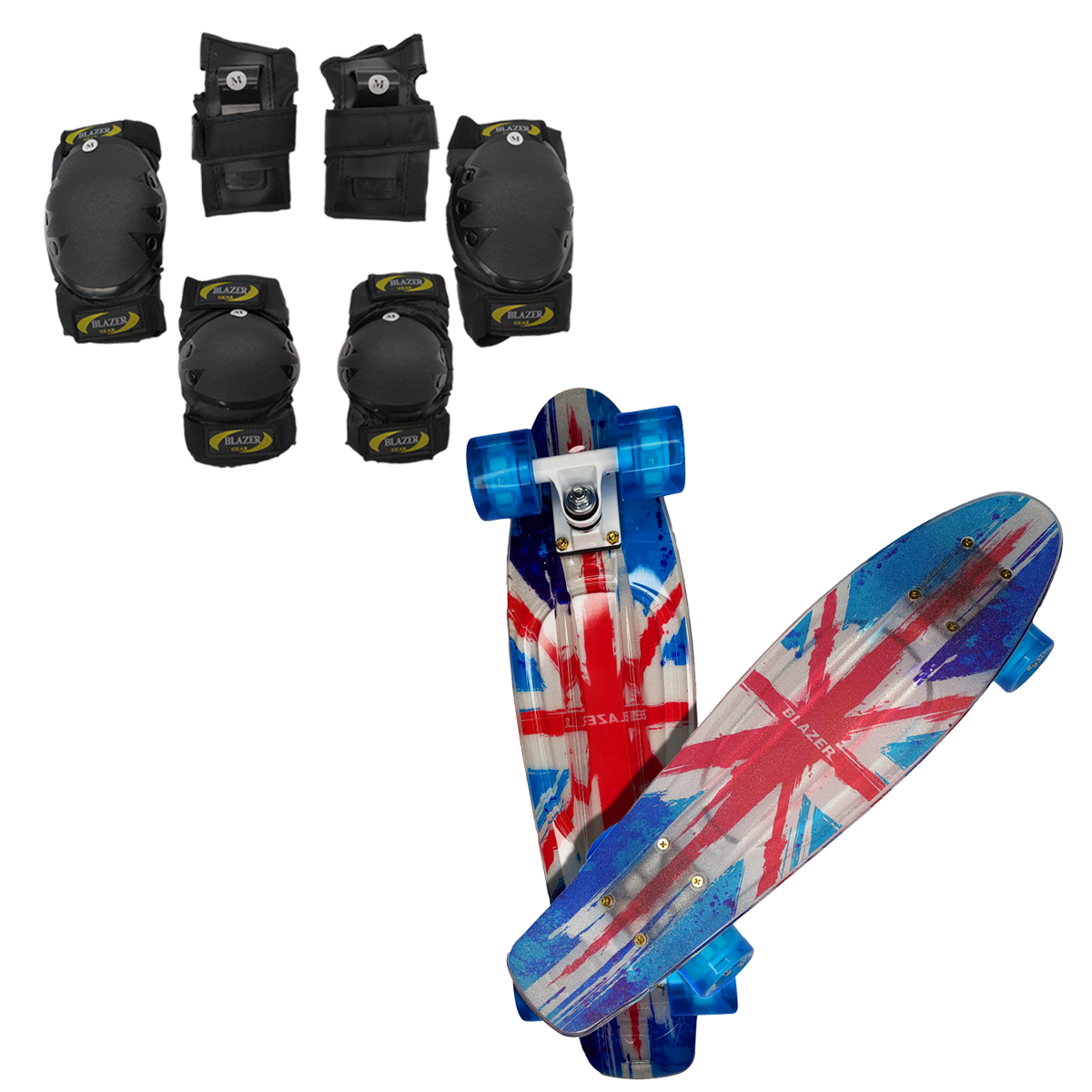 Patineta Penny Cruiser Azul con Diseño Bandera Llantas Led Equipo de Proteccion
