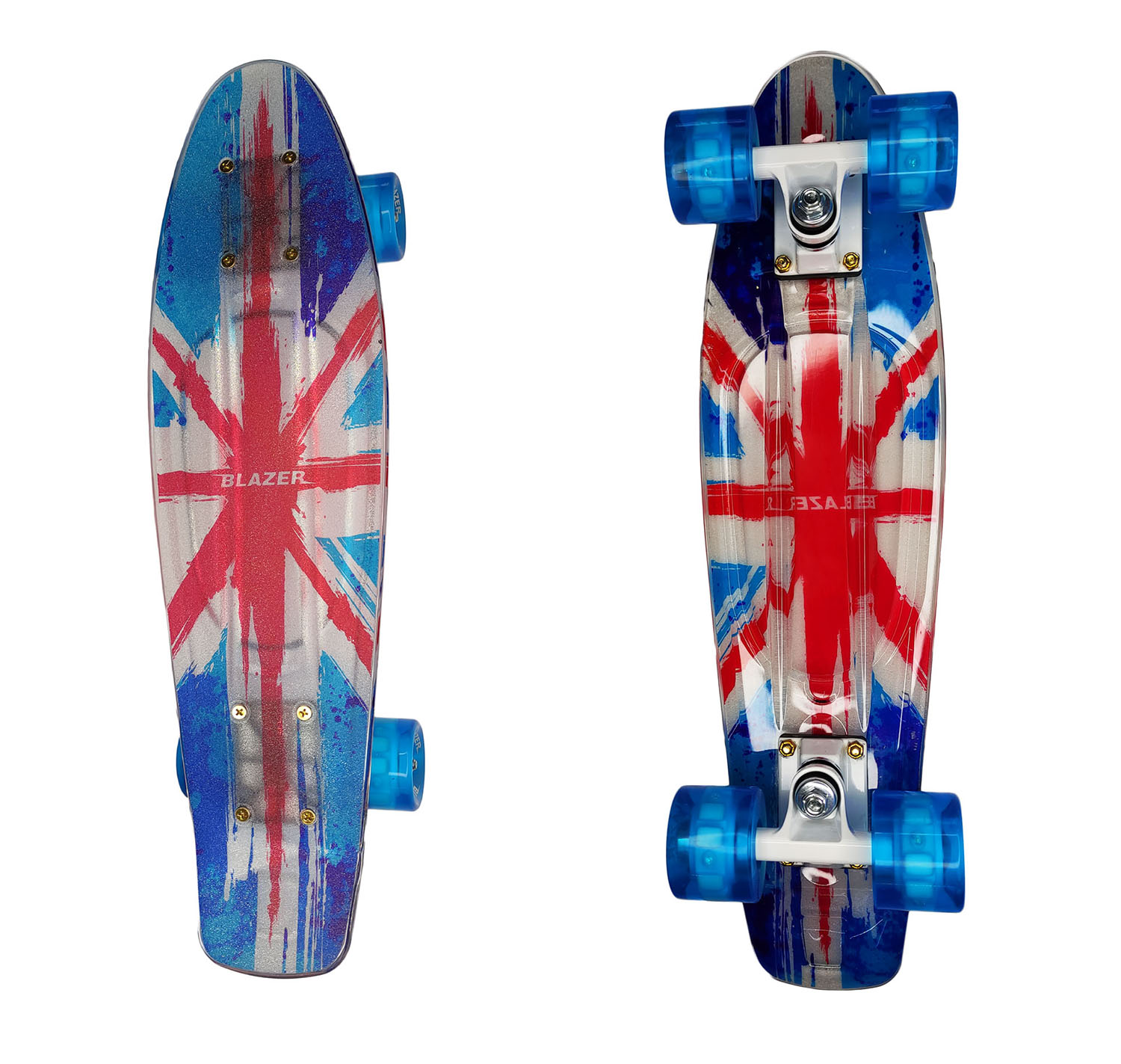Patineta Penny Cruiser Azul con Diseño Bandera Llantas Led Equipo de Proteccion