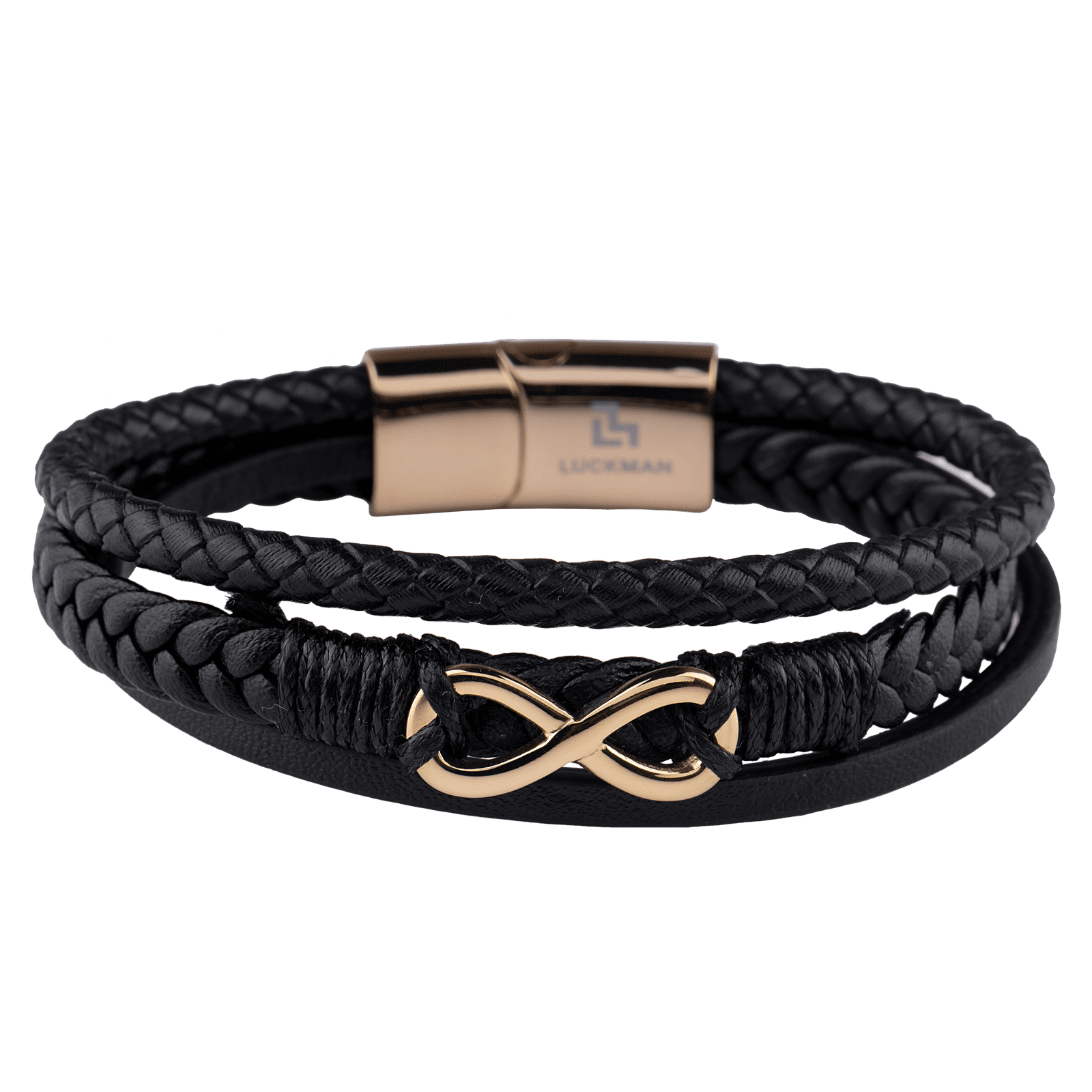 LUCKMAN Pulsera Hombre de Infinito , Brazalete de Cuero Piel Vegana y Acero Inoxidable con Baño de Oro 18k, Broche Magnético - Modelo Felix