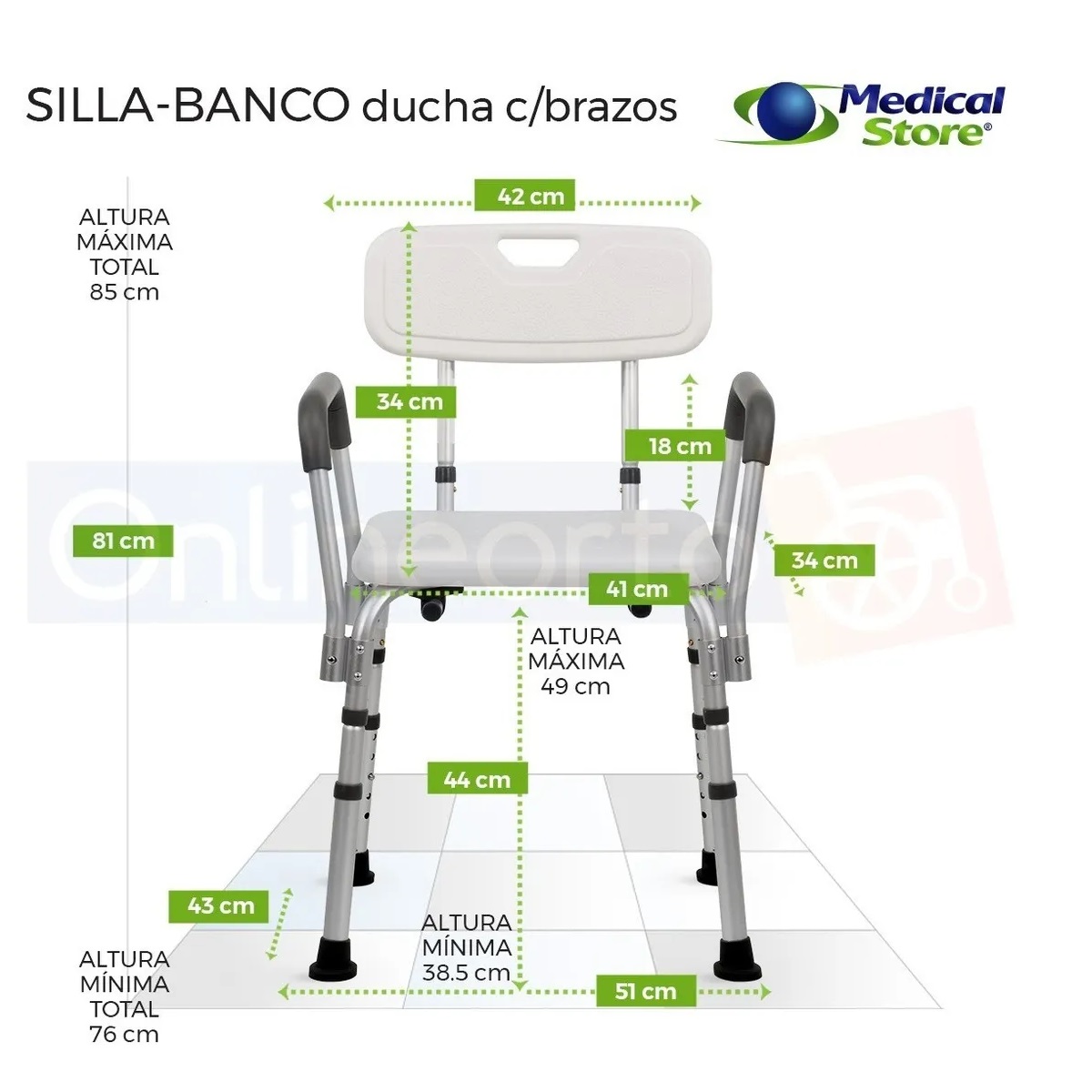 Silla Ducha Aluminio Banco Medical Store Ajustable Brazos Antiderrapante