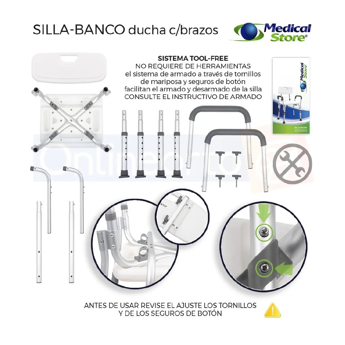 Silla Ducha Aluminio Banco Medical Store Ajustable Brazos Antiderrapante