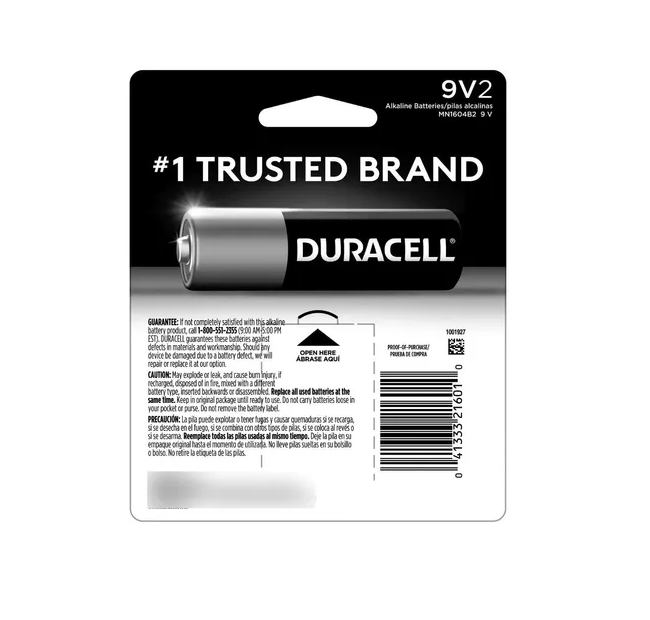 Pilas Duracell 9V Pack de 2 Piezas Alcalinas