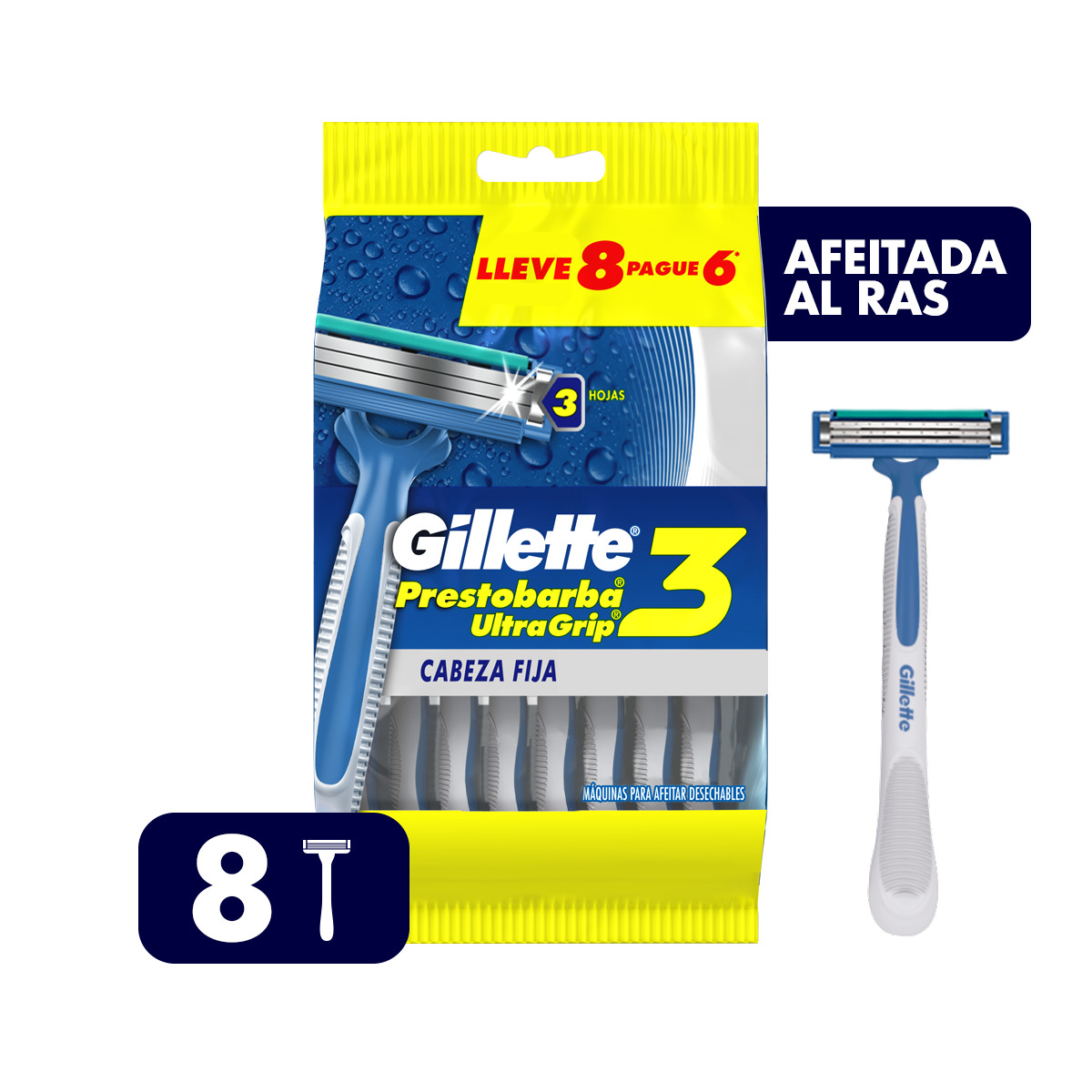 Prestobarba Ultragrip3 Máquina de Afeitar Desechable, 8 Unidades