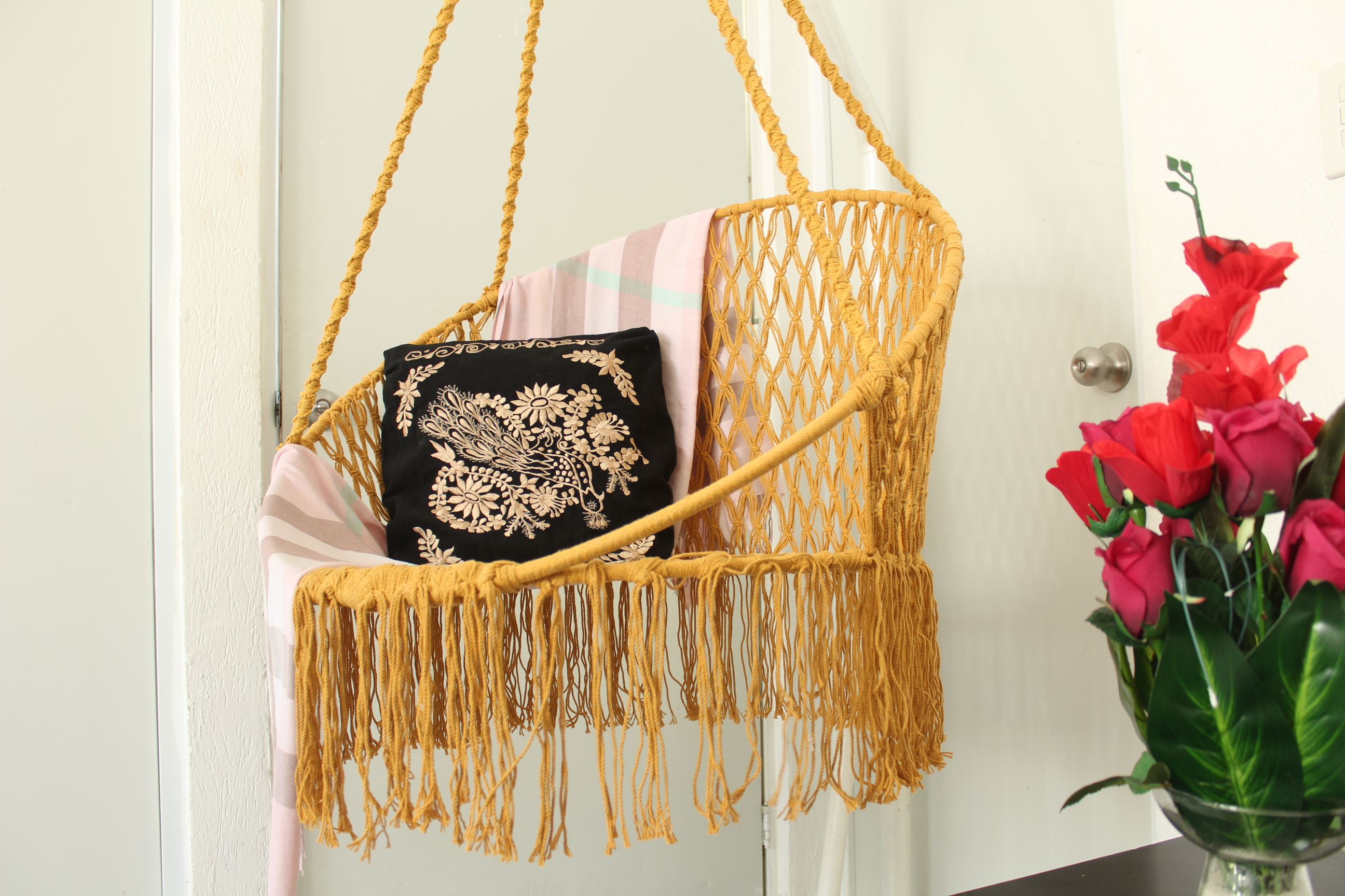 Silla Hamaca Columpio Circular de Algodón Con Macramé Artesanal.