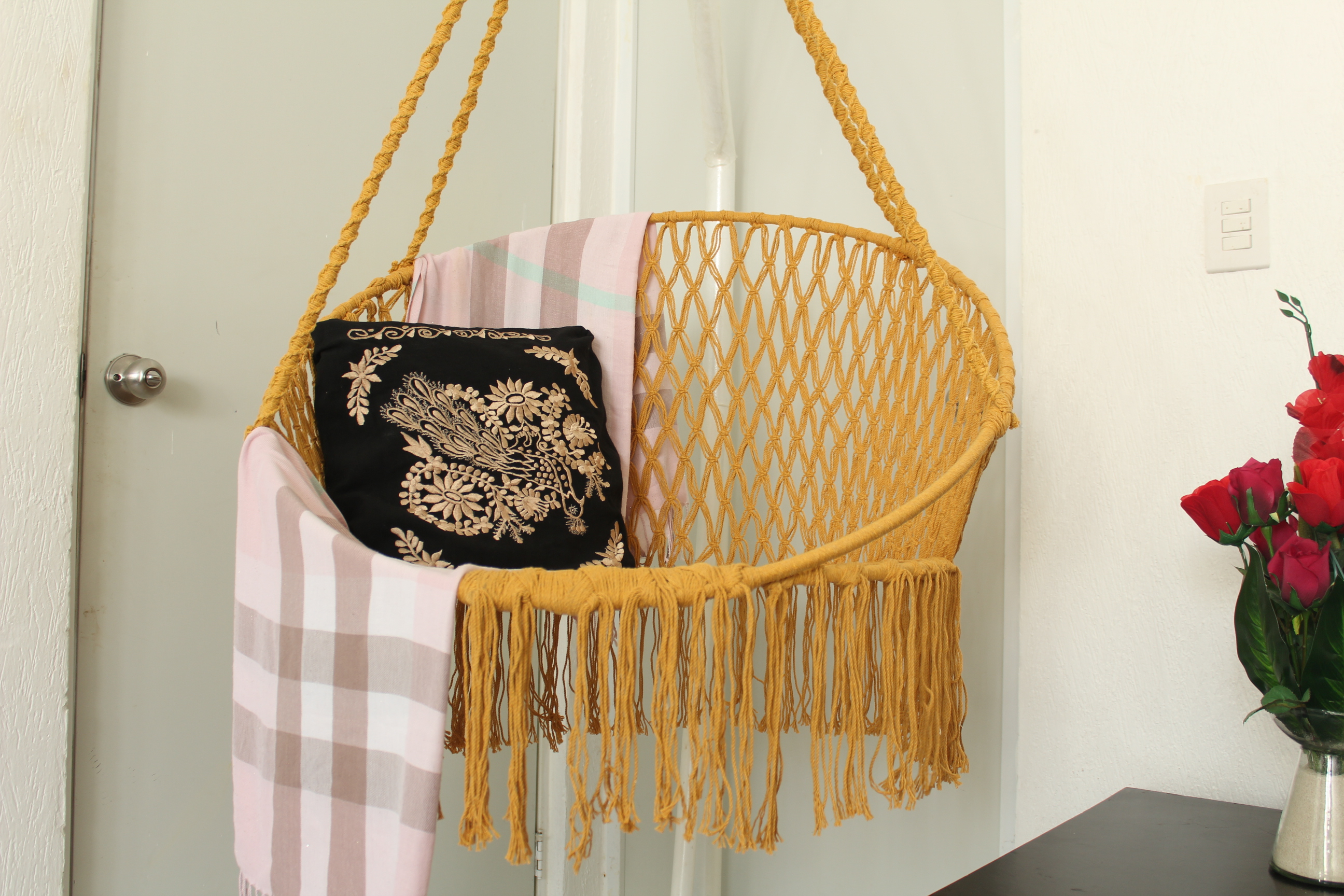 Silla Hamaca Columpio Circular de Algodón Con Macramé Artesanal.