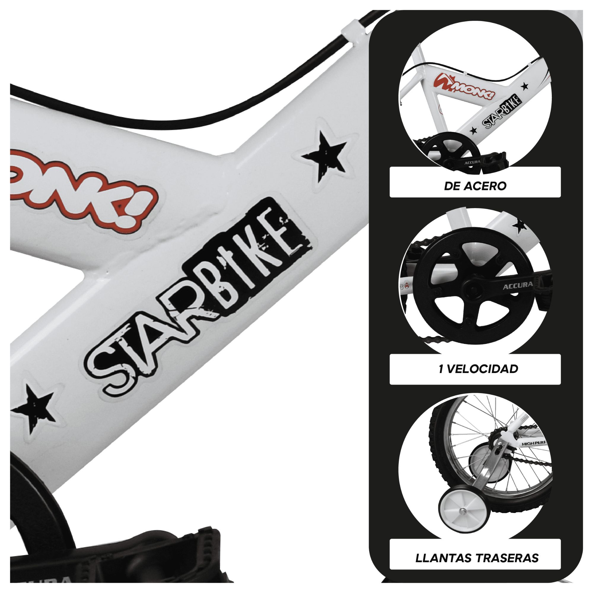 Bicicleta Monk Starbike Rodada 16 De Niño 1 Velocidad C/rda Blanco