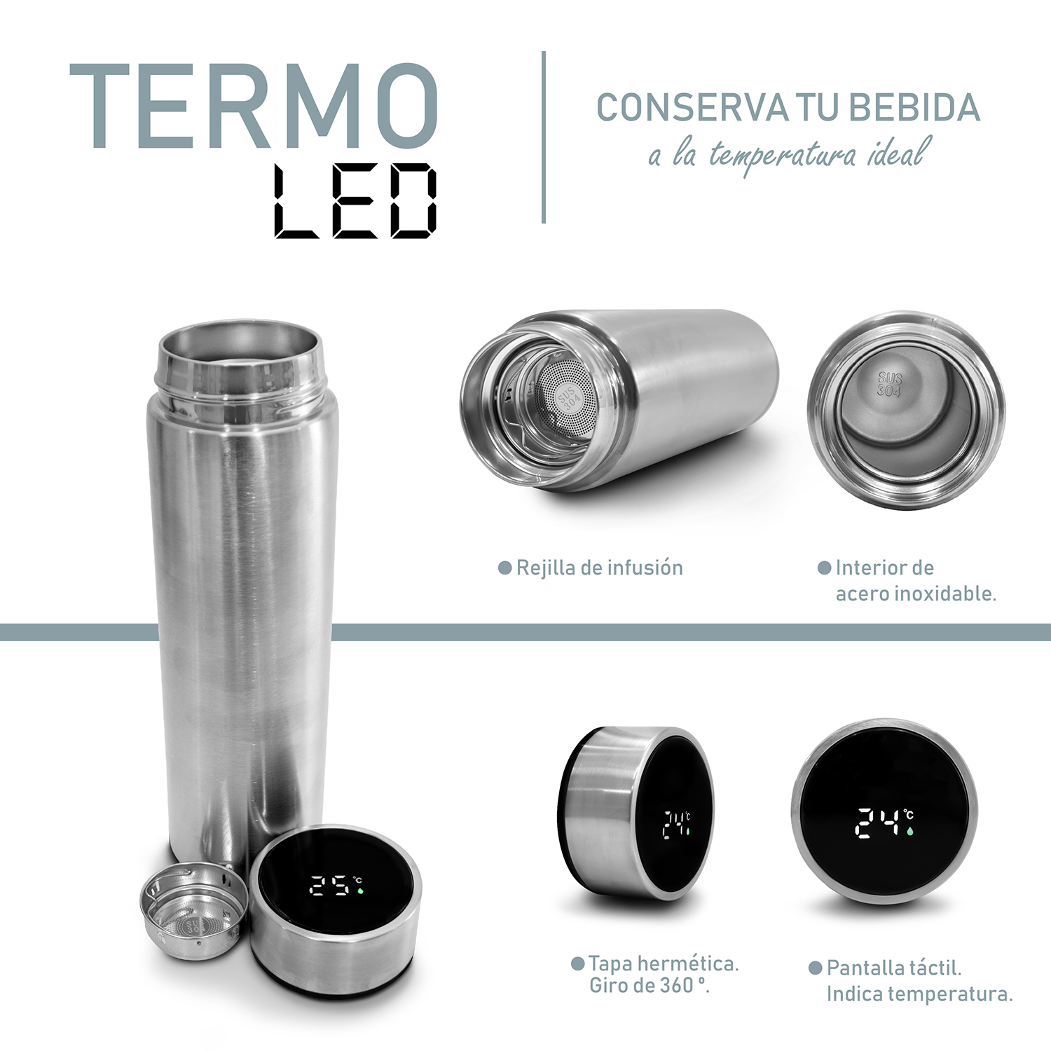 Termo Inteligente Digital Pantalla Led Plateado 420 ml