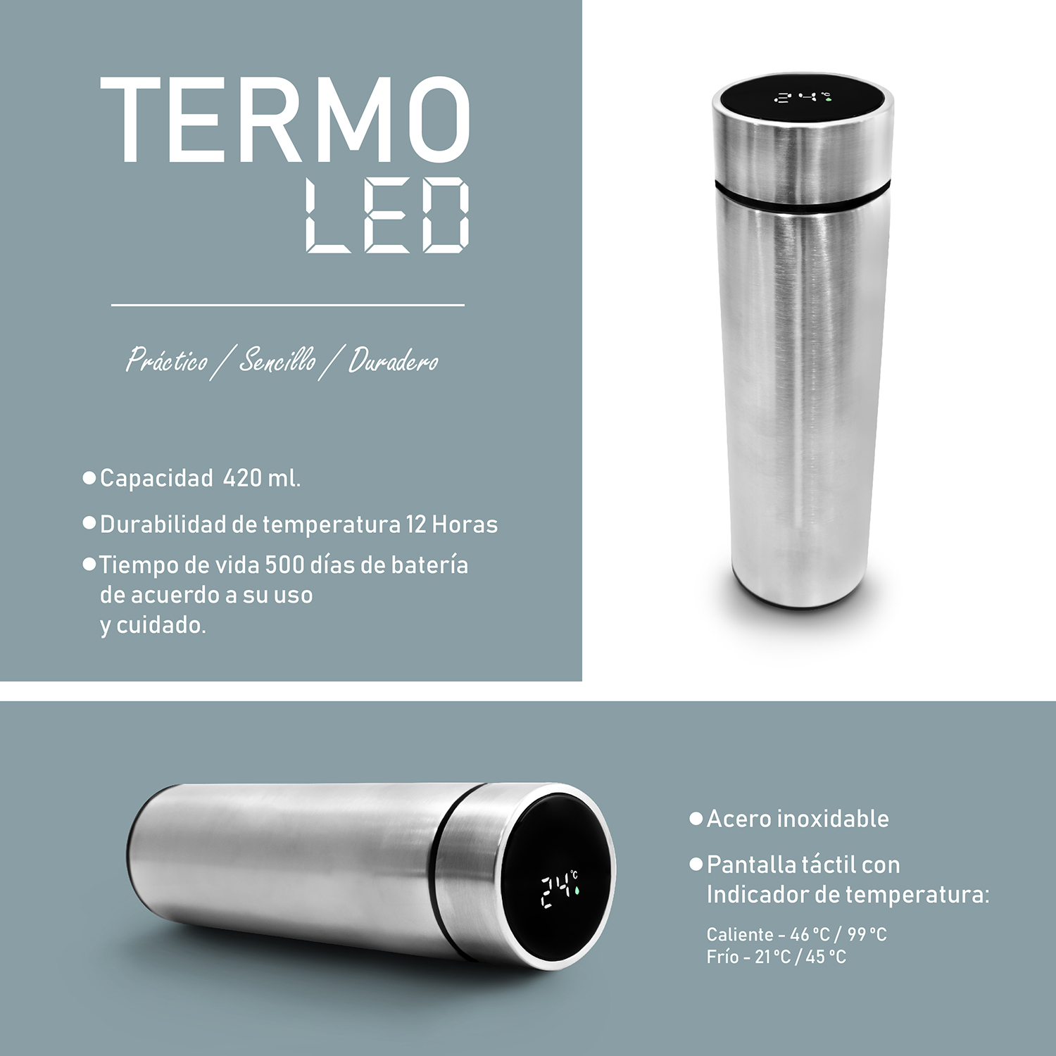 Termo Inteligente Digital Pantalla Led Plateado 420 ml